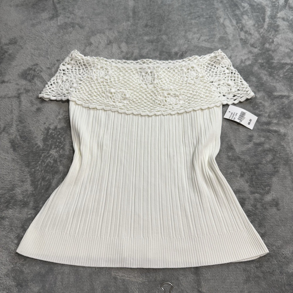 VTG 90s CABO NEW Crochet Off The Shoulder Ribbed Top Womens L Coquette Cottage